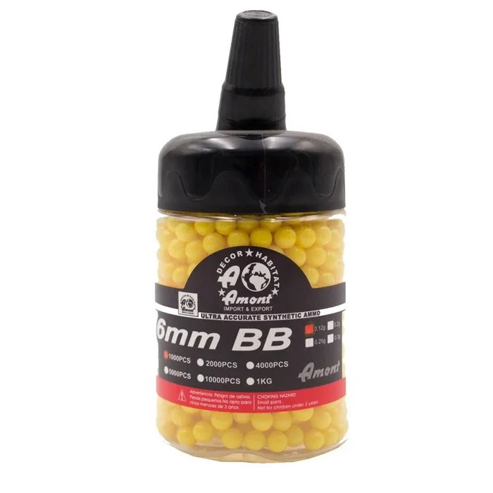Bote con bolitas de PVC para armas Airsoft calibre 6mm 0.12 Gr con 1000 bolitas color amarillo