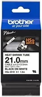 Brother HSE251E. Cinta Tubo termorretráctil. Texto Negro sobre Fondo Blanco. Ancho: 21mm. Longitud: 1,5m. Cable Recomendado: Ø 4,2mm a 13,5mm.