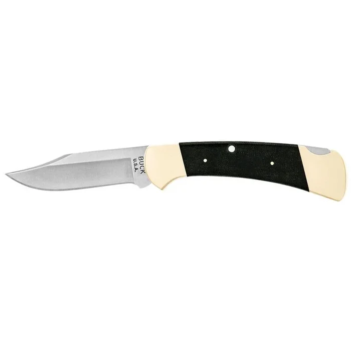 Buck Knives STE-0112BKSLE1 Cuchillo plegable 112 Vintage Ranger de 7,62 cm hoja Clip Point de acero 440HC Satinada y Mango de Micarta Negro. Incluye Funda de cuero negra