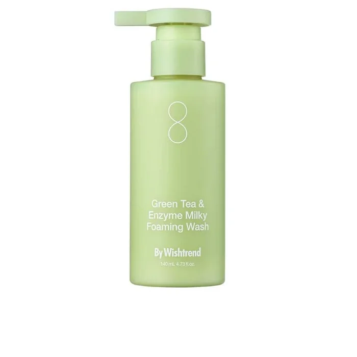BY WISHTREND Jabón espumoso lechoso con té verde y enzimas, 140 g, papaína, complejo de leche de grano, hidratante, limpieza de poros, para pieles sensibles