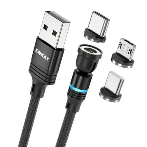 Cable 3 en 1 Enkay 3A USB A Tipo C 8 Pines Micro USB Carga Rápida Magnético Giratorio 540° (Negro) 1 m