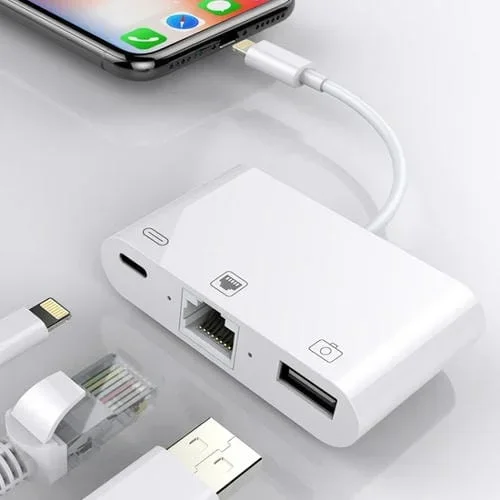 Cable Convertidor 3 en 1 Nk-107 Ethernet USB Puertos Hembra Carga 8 Pines OTG Macho