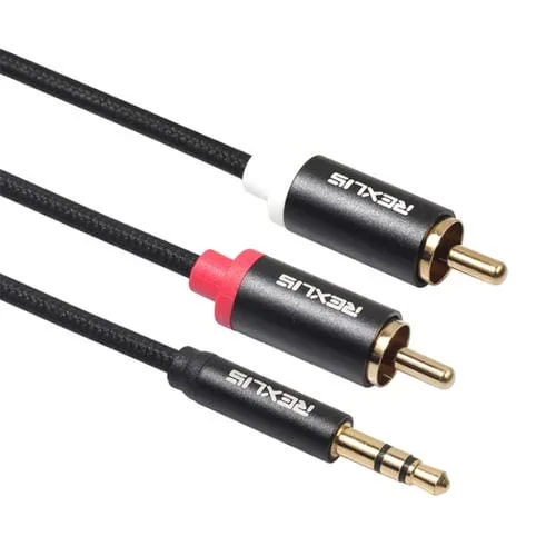 Cable de Audio Rexlis 3635 Trenzado de Algodón Macho a Conector RCA Dual 3,5mm Chapado en Oro (Negro) 1,8 m para Altavoz Activo