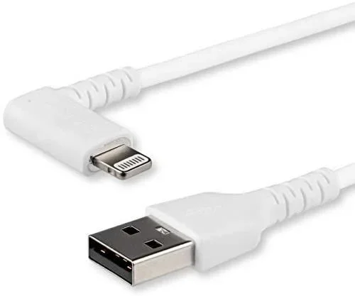 Cable Resistente USB-A a Lightning de 1 m – Blanco -Acodado en un Ángulo de 90° a la Derecha – Cable de Carga y Sincronización USB Tipo A a Lightning de Fibra de Aramida Resistente – MFi – iPhone