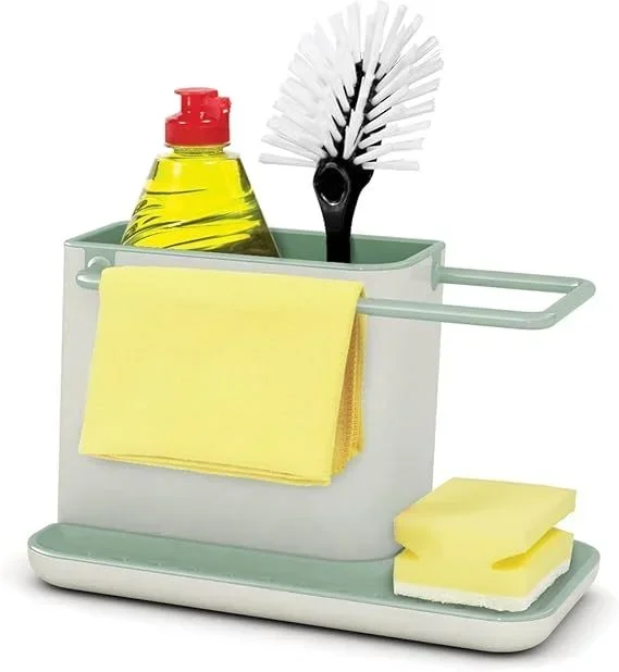 Caddy™, Joseph Joseph, organizador para fregadero, almacenamiento de utensilios y detergente, diseño compacto, barra para paños y depósito para agua, color Stone/Green