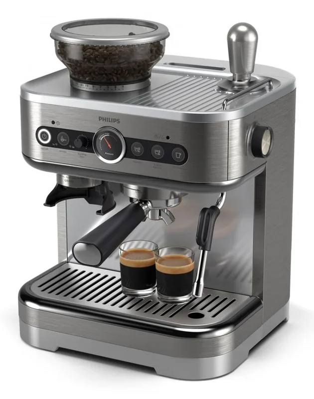 Cafetera espresso semiautomática Philips Barista Brew – Espresso simple y doble + Botón Americano, recipiente de 250 g de café en grano, guía intuitiva, prensado calibrado, acero Inox (PSA3218/01)