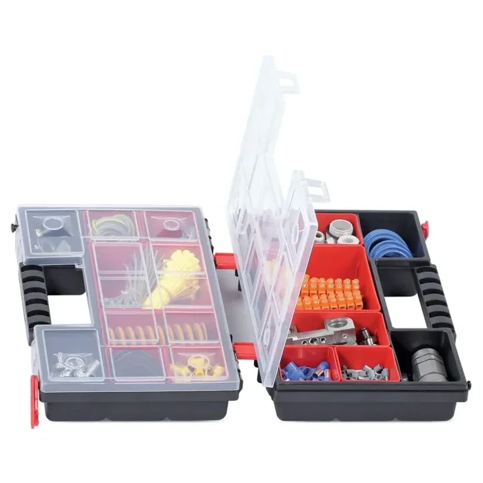 Caja de herramientas, Kistenberg, modelo NORB DUO 30 ROJO KNOS302010B, ideal para piezas pequeñas, con 8 compartimentos ajustables, tapa transparente y asa ergonómica