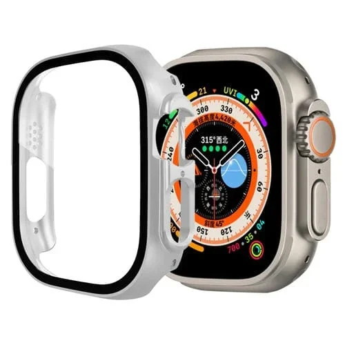 Caja de Reloj de PC con Película de Vidrio Templado para Apple Watch Ultra 49mm y Ultra 2 49mm (Plateado)
