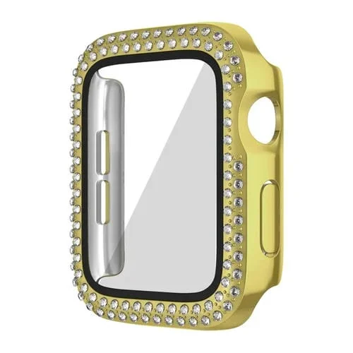 Caja de Reloj para Apple Watch Series 9/8/7 45mm PC con Diamantes Doble Fila (Dorado)