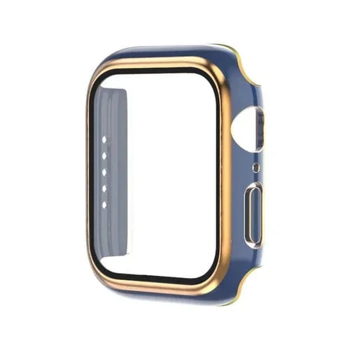 Caja de Reloj + película templada + PC galvanizada para Apple Watch Series 8/7 41mm (Azul + Oro Rosa)