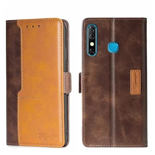Caja de teléfono de cuero para Infinix Hot 8 Hot 8 Lite Tecno Camon 12 con hebilla lateral (Marrón oscuro + Dorado)