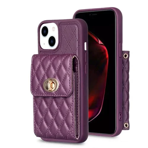 Caja de Teléfono de Cuero Rómbica Billetera con Hebilla Metal Vertical para iPhone 13 (Púrpura Oscuro)