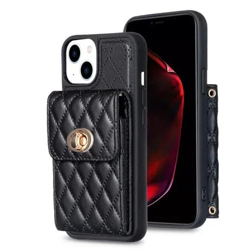 Caja de Teléfono de Cuero Rómbica para iPhone 13 Billetera con Hebilla de Metal Vertical (Negro)