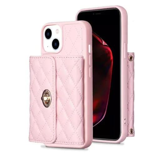 Caja de Teléfono de Cuero Rómbica para iPhone 14 Billetera con Hebilla de Metal Horizontal (Rosa)