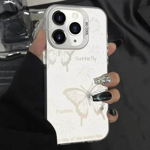 Caja de teléfono híbrida TPU para iPhone 11 Pro Max con pintura plateada (Mariposa Hueca Blanca)