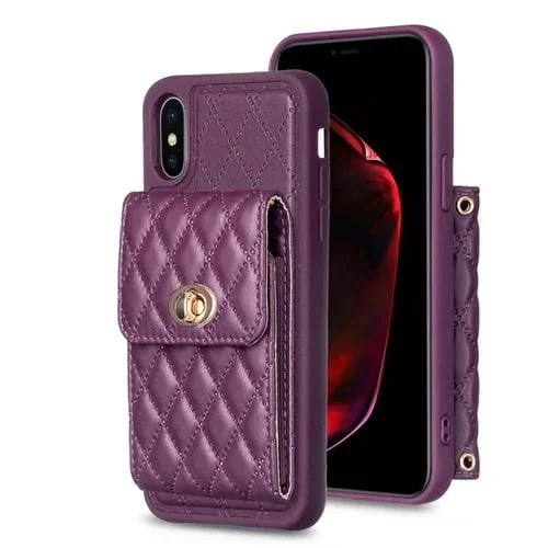 Caja de Teléfono iPhone X Xs Cuero Rómbica Billetera Hebilla Metal Vertical (Púrpura Oscuro)