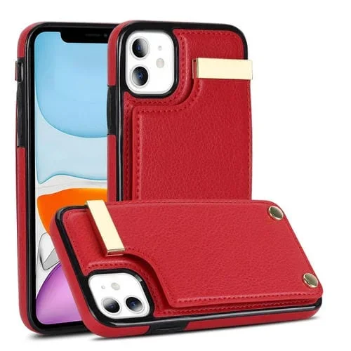 Caja de teléfono para iPhone 11 con ranuras para tarjetas y hebilla de metal (Rojo)