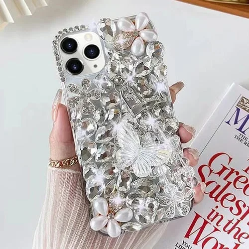 Caja de teléfono para iPhone 11 Pro Max PC con incrustaciones de diamantes mariposa hecha a mano (Blanco)