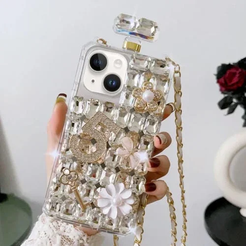 Caja de teléfono para iPhone 13 Botella de Perfume Cruzada PC con Diamantes Hecha a Mano (Blanco)