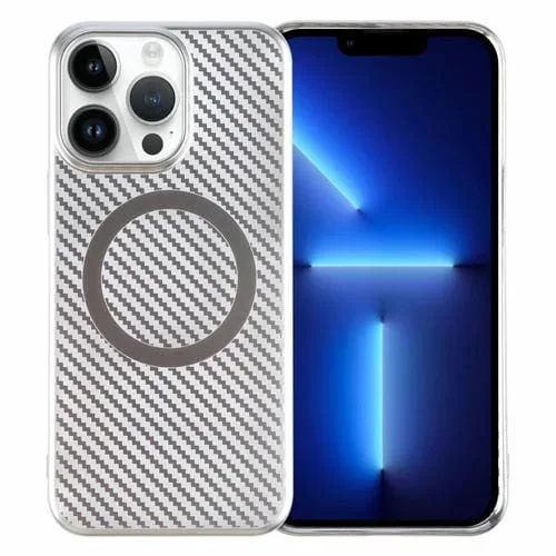 Caja de Teléfono para iPhone 13 Pro 6D PC Magsafe Transparente con Fibra de Carbono (Starlight Silver)