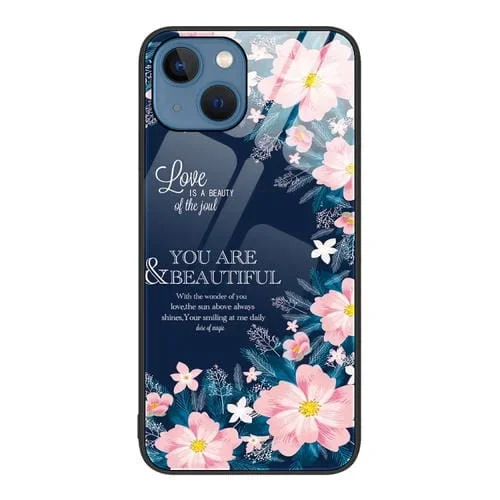 Caja de teléfono para iPhone 14 de vidrio pintado colorido (Flor)