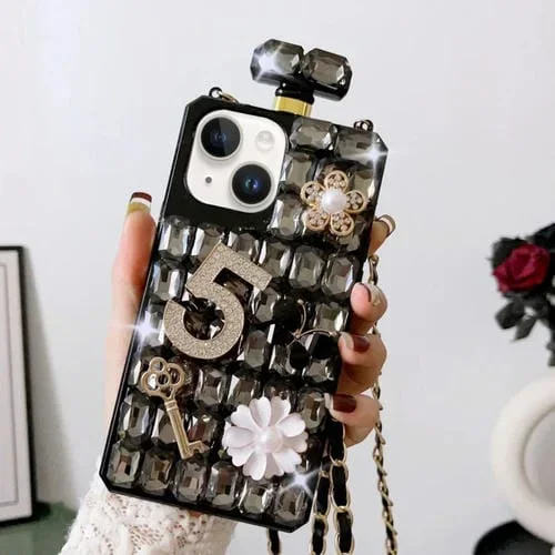 Caja de teléfono para iPhone 14 Plus Botella de Perfume Cruzada PC con Diamantes (Negro)