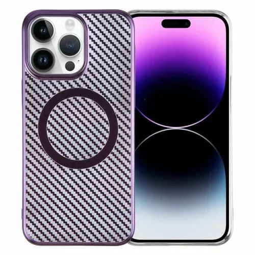 Caja de Teléfono para iPhone 14 Pro Max 6D PC Magsafe Transparente con Fibra de Carbono (Aurora Purple)