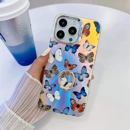 Caja de teléfono para iPhone 14 Pro Max con soporte de anillo de mariposa láser de galvanoplastia (Ab1)