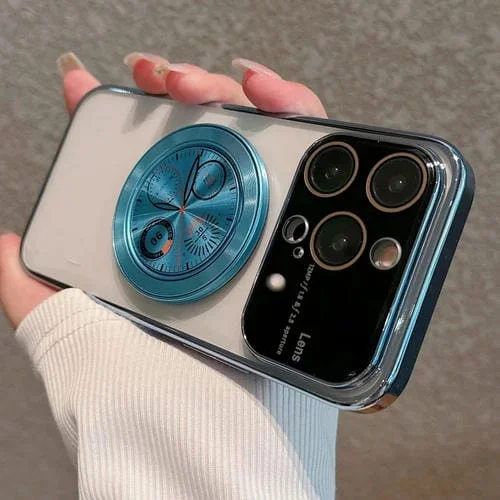 Caja de Teléfono para iPhone 14 Pro PC con Soporte Ventana Grande Galvanizada (Azul)