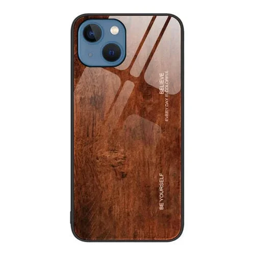 Caja de Teléfono para iPhone 15 Vidrio Grano de Madera (Marrón Oscuro)