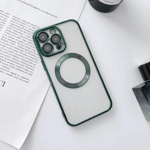 Caja de teléfono TPU magnética galvanizada para iPhone 14 Magsafe con filtro de polvo y Película de Lente (Verde)