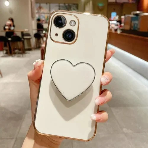 Caja de teléfono TPU para iPhone 13 Mini con soporte corazón de amor galvanoplastia (Blanco)