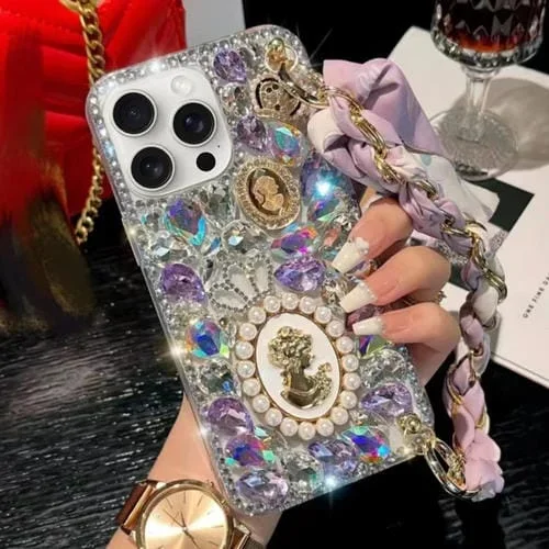 Caja del Teléfono para iPhone 11 Pro Max PC Pulsera Bufanda Piedra Preciosa Púrpura Diamante (Blanco)