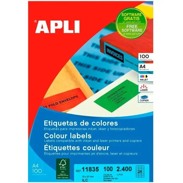 Caja Etiquetas Color/Fluor 100hojas A4 Aptas para Impresora Inkjet, Laser y Fotocopiadora. AZ. 70 X 37 100H