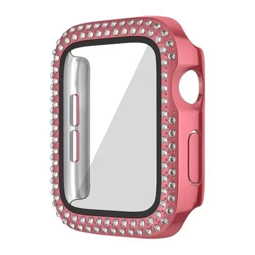 Caja para Apple Watch Series 9/8/7 PC con Diamantes Doble Fila Revestimiento 45mm (Rosa)