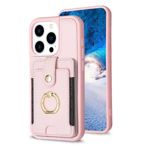 Caja para iPhone 15 Pro Max Bf27 Anillo de Metal Tarjeta Bolsa Titular (Rosa)
