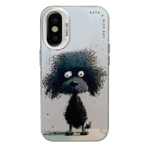 Caja para teléfono iPhone X Xs Serie Pintura al Óleo Patrón Animales PC TPU (Perro Negro)