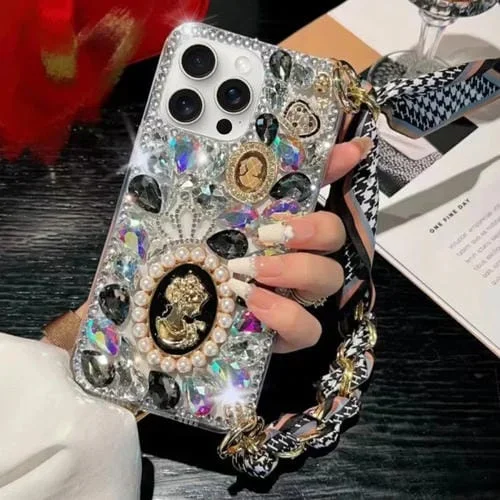Caja teléfono iPhone 11 Pro Max PC Pulsera Bufanda Piedra Preciosa Púrpura Diamante (Negro)