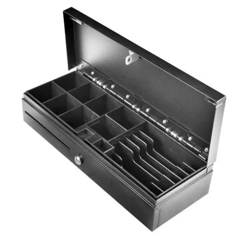 Cajón portamonedas automático 46 apertura vertical- gavetero extraible – rj11 – 8 compartimentos para monedas y 6 para billetes – 1 ranura frontal para billetes – negro