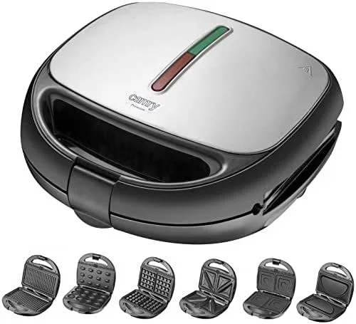 Camry CR3057 Sandwichera Doble 6 en 1, Placas Intercambiables, Sandwich Tostadora, Gofrera Gofres Belgas, Grill Plancha para Carne y Pescados, Galletas de Nuez, Temperatura Automática, 1200W, CR 3057