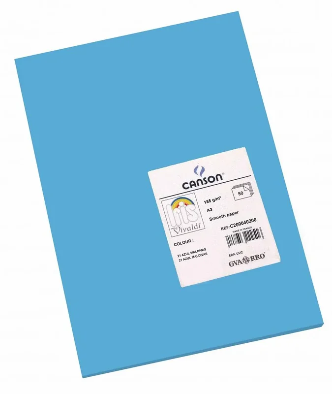 Canson Iris Vivaldi, Papel de dibujo de color, Suave, 185gsm, Hoja, A3-29,7x42cm, Azul primario