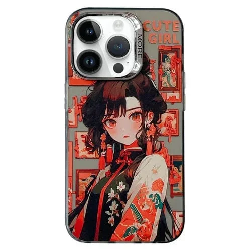 Carcasa híbrida para iPhone 12 Pro Anillo de Lente electrochapado Estilo antiguo chino (Niña con Letra Roja)