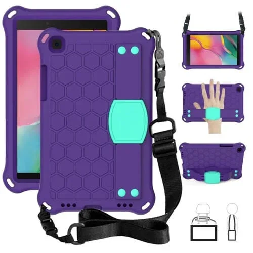 Carcasa Protectora para Galaxy Tab A8.0 T290/T295 (2019) Diseño Panal Eva + Pc Anticaída Cuatro Esquinas con Correas (Morado + Menta)