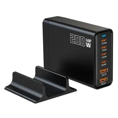 Cargador de escritorio multipuertos USB Tipo C Gan 4 200 W para compartir (Negro)