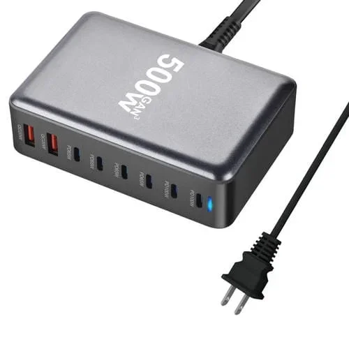 Cargador de escritorio multipuertos USB Tipo C Gan 6 500W para compartir (Gris)