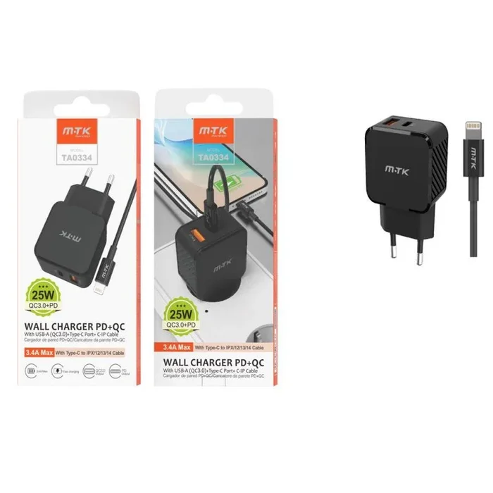 Cargador de red usb + type-c + cable type-c a lightning iphone 8-14 / 25w / negro / ta0334 / mtk