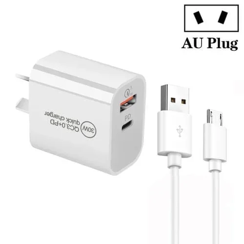 Cargador Dual USB PD 30W USB-C y QC 3.0 con Cable USB a Micro USB 1 m (Blanco) Enchufe AU