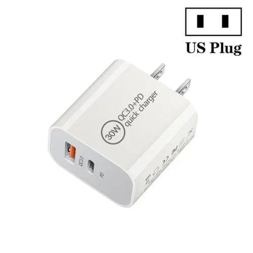 Cargador Dual USB PD30W USB-C + QC3.0 Enchufe EE. UU.