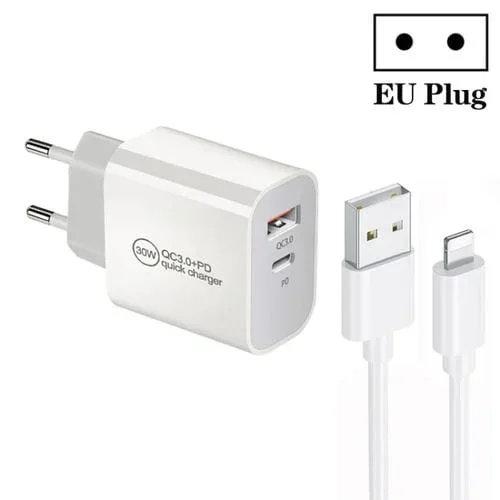 Cargador Dual USB PD30W USB-C y QC3.0 con Cable USB A a 8 Pines 1 m (Blanco)