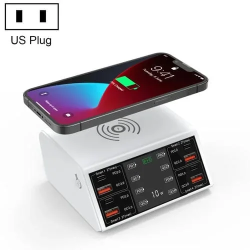 Cargador inalámbrico 838W 9 en 1 100W 4 PD 3.0 USB-C Tipo-C + 4 QC 3.0 Puertos USB Smart Digital Display (Blanco)